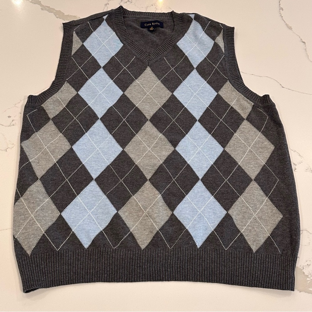 Vintage Club Room Gray Blue Argyle Sweater Vest Men M Tennis Preppy Academia 90s